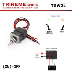 Bicolor Toggle Switch ON momentary - OFF, DPDT 2NO2NC 12/24V 20A with dual-color LED indicator, stainless 316 toggle wired epoxy sealed IP67 waterproof – TRIREME Series.