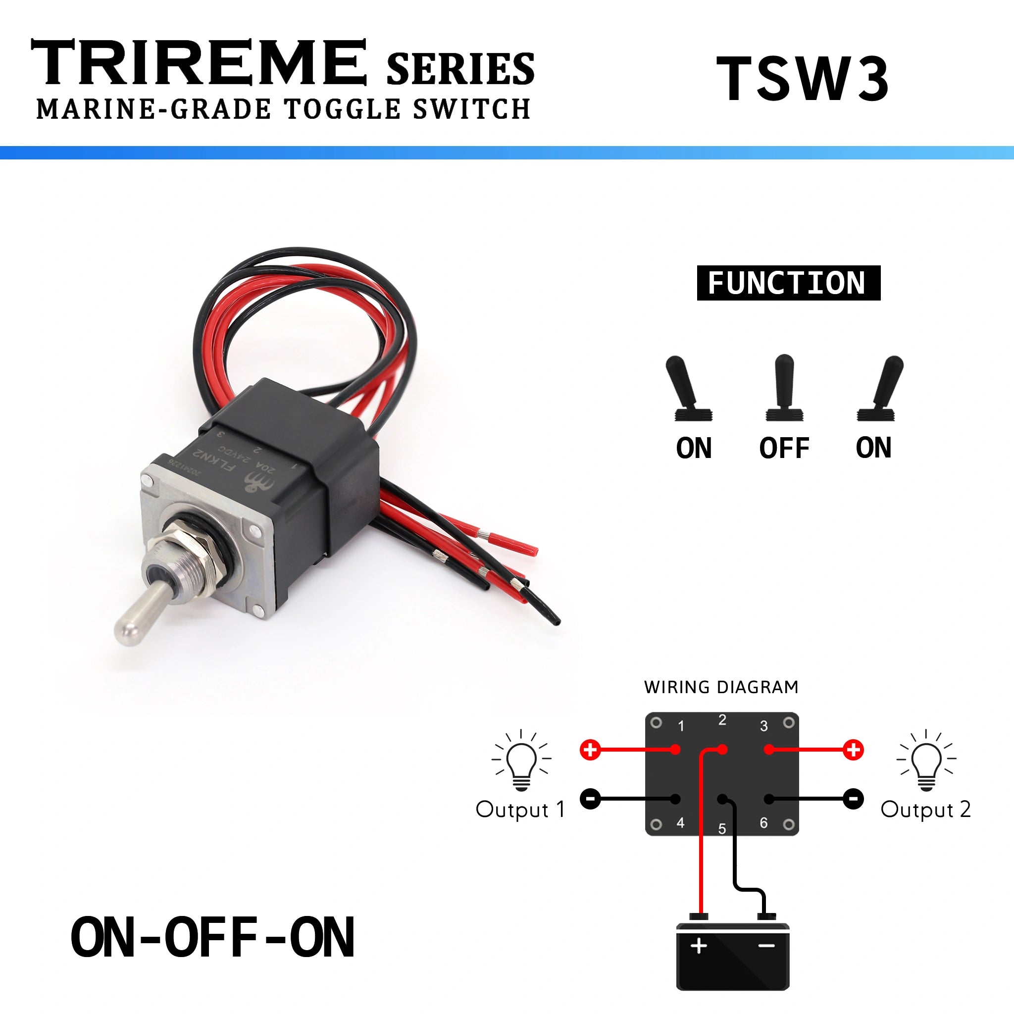 Interrupteur à bascule marin ON-OFF-ON bipolaire DPDT 2NO2NC 20A 12/24V, étanche IP67 avec câbles pré-câblés en inox 316 – Série TRIREME.