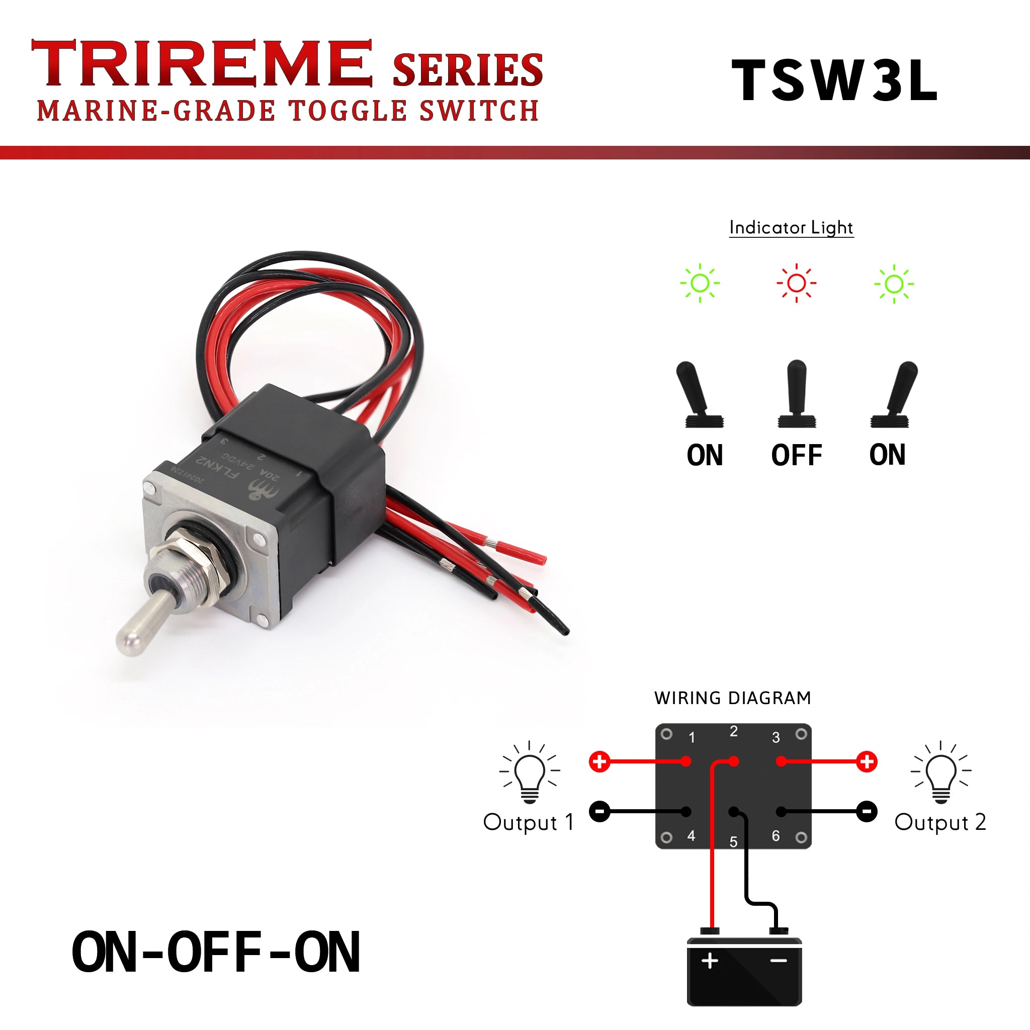 Commutateur bateau ON-OFF-ON bipolaire DPDT 2NO2NC 20A 12/24V avec témoin LED bicolore vert/rouge, tige inox 316, câbles 16 AWG scellés dans l’époxy étanche IP67 – Série TRIREME.