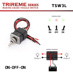 Commutateur bateau ON-OFF-ON bipolaire DPDT 2NO2NC 20A 12/24V avec témoin LED bicolore vert/rouge, tige inox 316, câbles 16 AWG scellés dans l’époxy étanche IP67 – Série TRIREME.