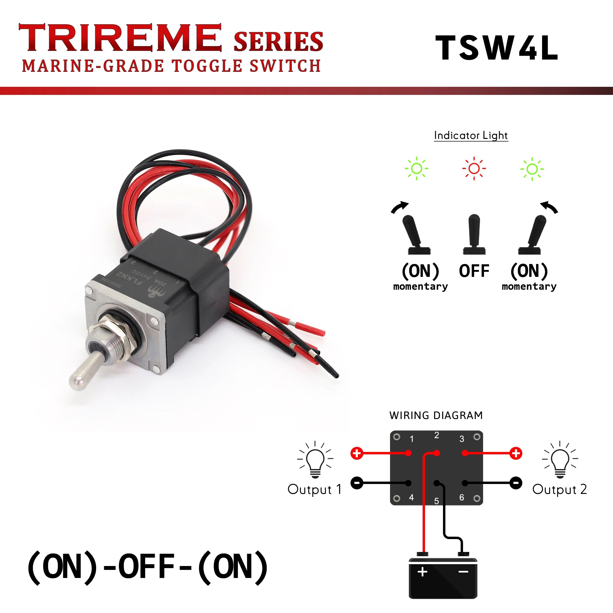 Interrupteur bipolaire (ON)-OFF-(ON) momentané DPDT 2NO2NC 12/24V 20A avec LED bicolore intégrée, tige inox 316, fils 16 AWG scellés dans l’époxy étanche IP67 – Série TRIREME.