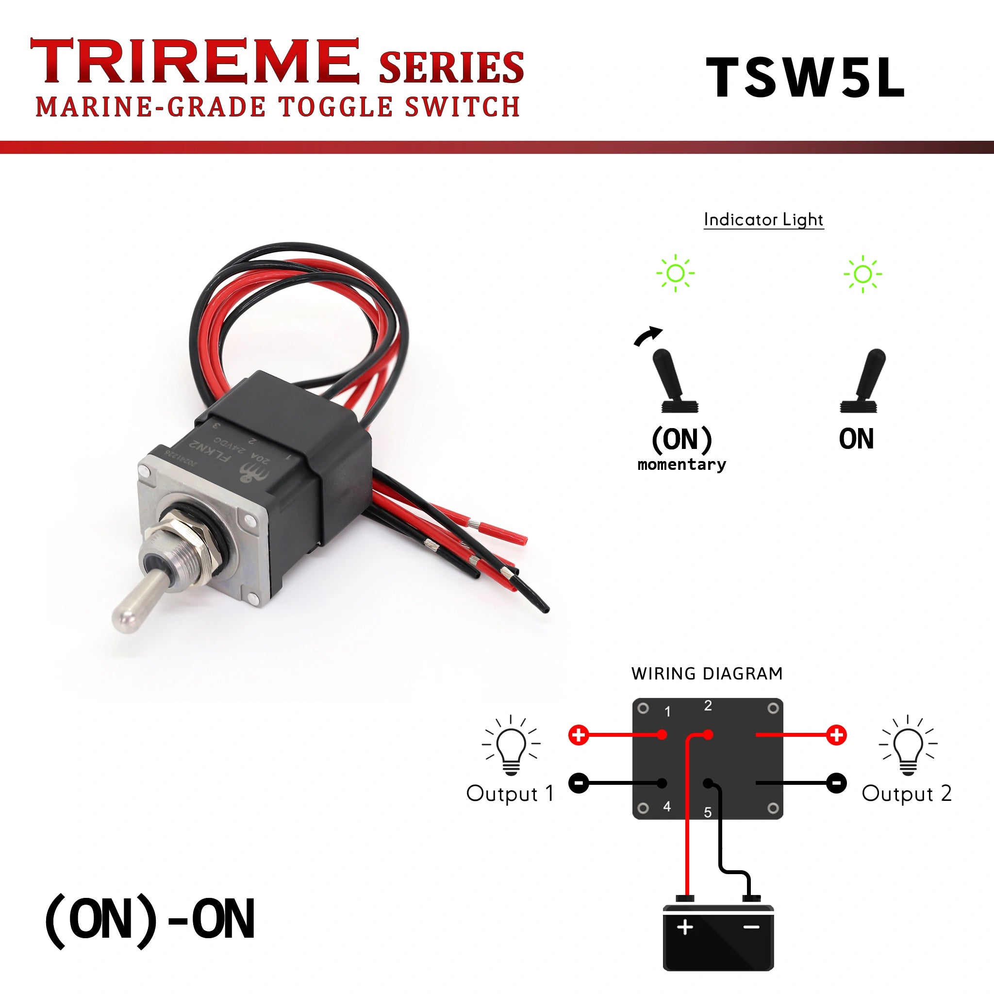 Heavy-duty marine toggle switch (ON)-ON DPDT 2NO2NC 12/24V 20A with red/green dual-color LED, stainless 316 shaft, 16 AWG epoxy-sealed prewired cables, IP67 waterproof – TRIREME Series.