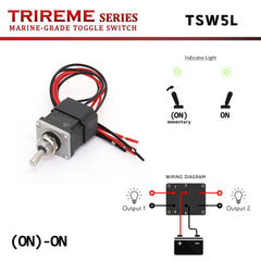 Heavy-duty marine toggle switch (ON)-ON DPDT 2NO2NC 12/24V 20A with red/green dual-color LED, stainless 316 shaft, 16 AWG epoxy-sealed prewired cables, IP67 waterproof – TRIREME Series.