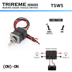 Interrupteur à levier bateau (ON)-ON robuste 20A 12/24V, contact DPDT 2NO2NC, inox 316 avec fils étanches et protection IP67 – Série TRIREME.