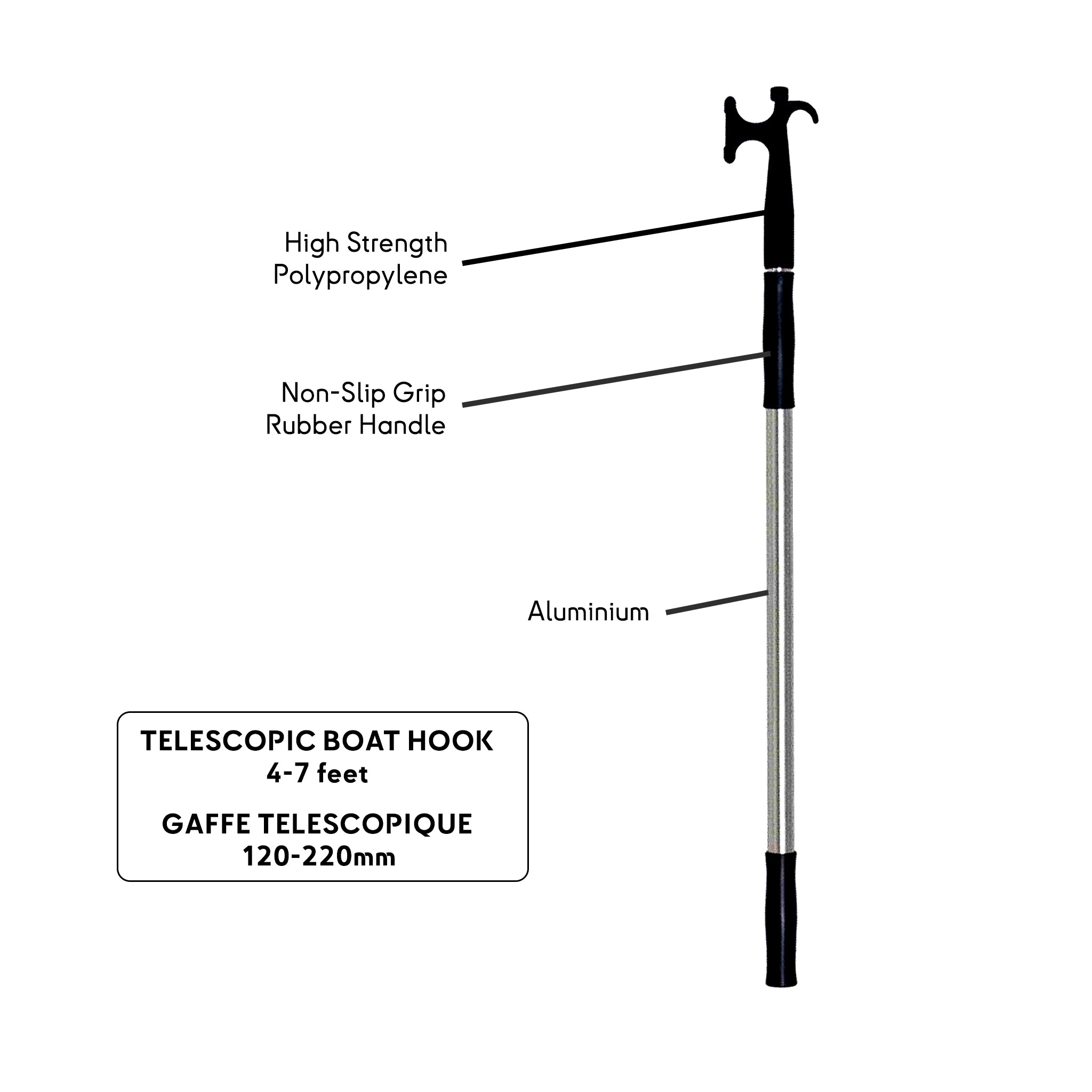 Telescopic boat hook: strong polypropylene head, non-slip rubber grip, and anodized aluminum body. Feature twist & lock