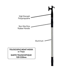 Telescopic boat hook: strong polypropylene head, non-slip rubber grip, and anodized aluminum body. Feature twist & lock