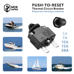 push-to-reset thermal circuit breaker range (5A to 20A) for boat electrical panels, single-pole breakers.