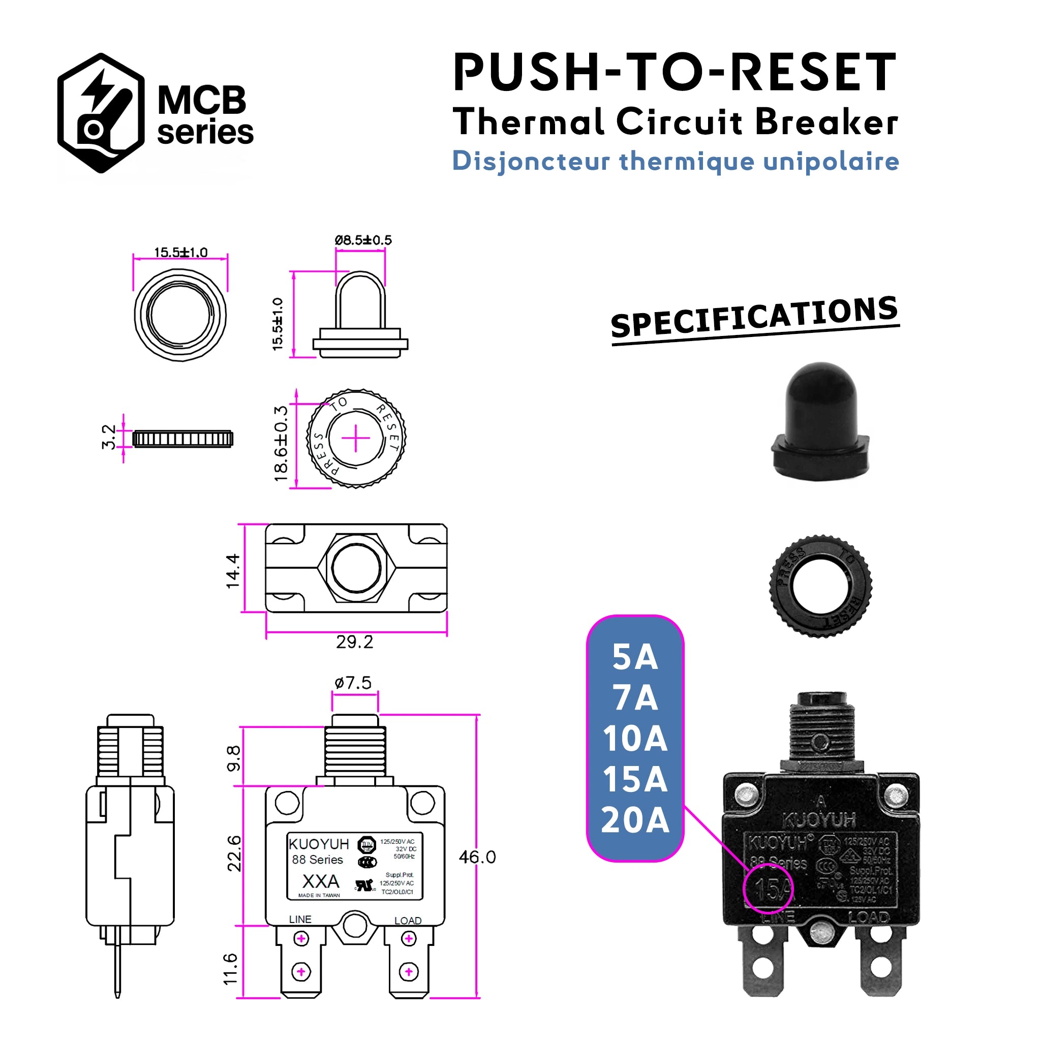 10A thermal circuit breaker with waterproof cover IP67 , press-to-reset breaker for marine electrical panel.