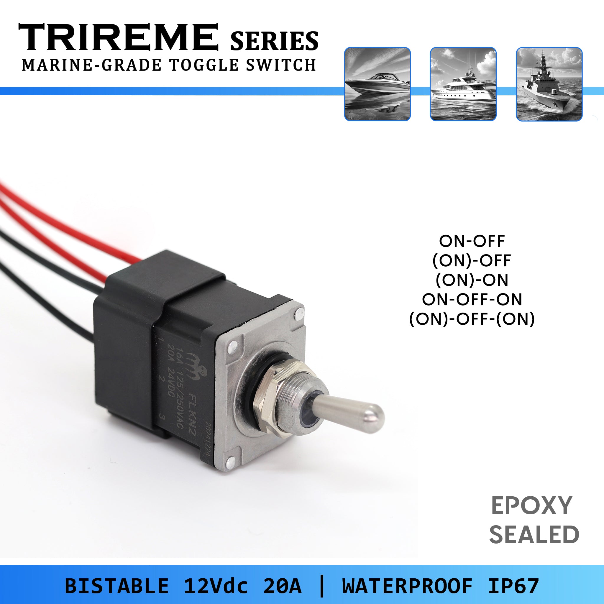 Marine-Grade Toggle Switch, Epoxy Sealed, Trireme Series, 12mm, Waterproof IP67, 12Vdc 20A, ON-OFF configurations for marine and industrial applications