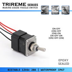 Marine-Grade Toggle Switch, Epoxy Sealed, Trireme Series, 12mm, Waterproof IP67, 12Vdc 20A, ON-OFF configurations for marine and industrial applications