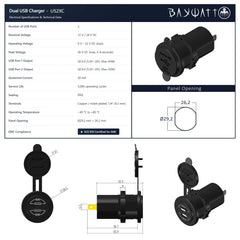 Chargeur USB Double 60W 12/24V DC Chargement ultra Rapide QC 4.0 - ECE R10