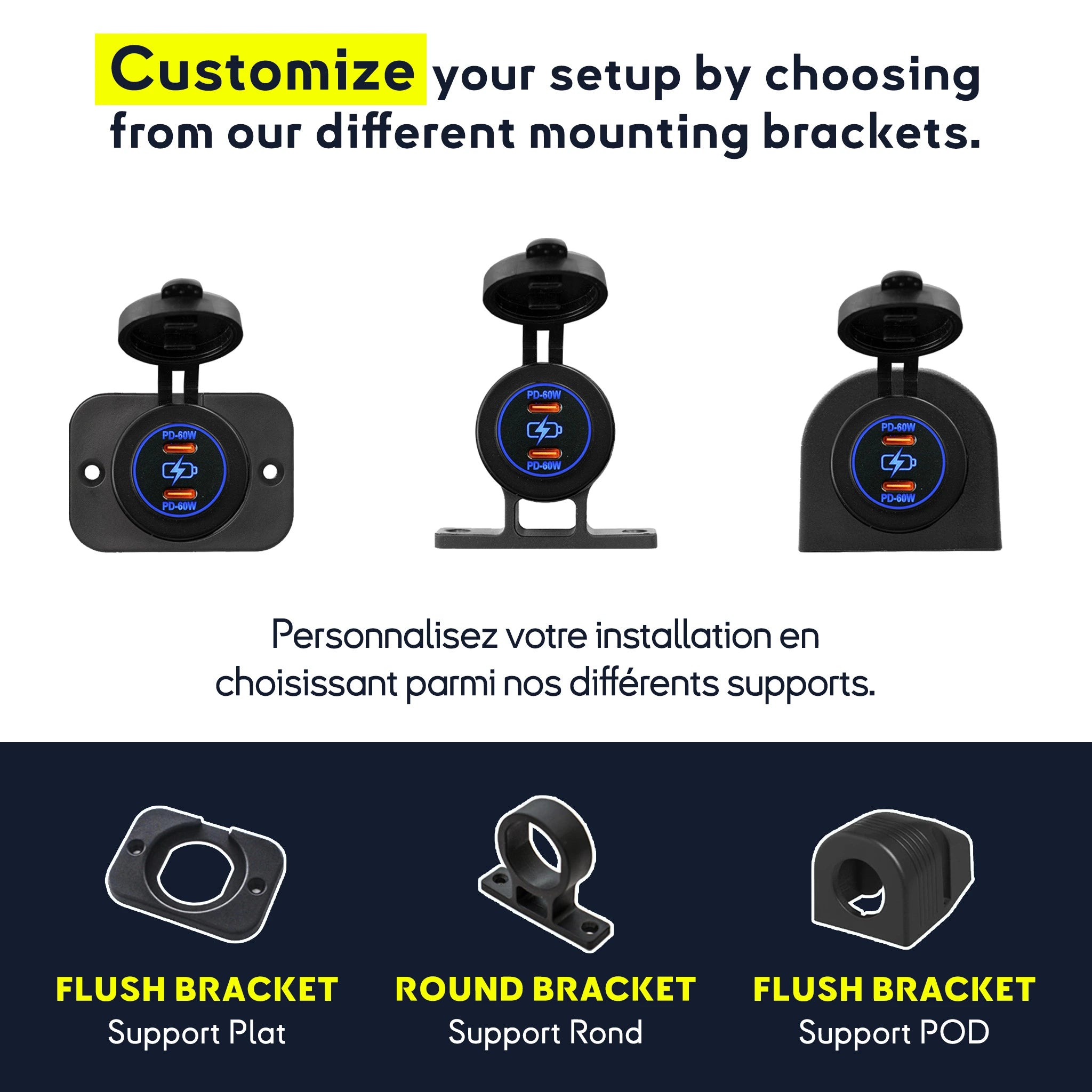 Chargeur USB Rapide pour application marine avec support personnalisable. Protection Electromagnetic avec Certificat ECE R10