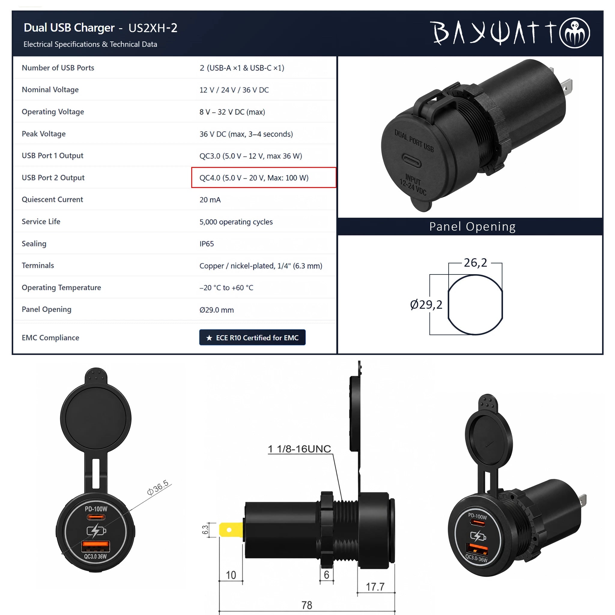 BAYWATT 100W marine USB-C charger technical sheet showing electrical specifications, IP65 rating and panel-mount dimensions.