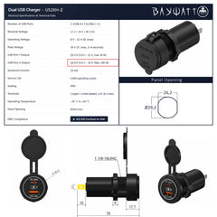 BAYWATT 100W marine USB-C charger technical sheet showing electrical specifications, IP65 rating and panel-mount dimensions.
