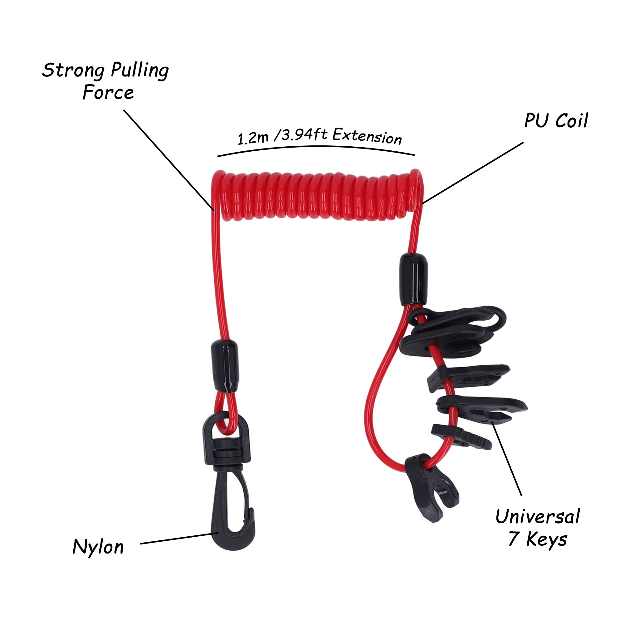 Universal Boat Kill Switch Lanyard (7 Keys) - Compatible with Johnson, Evinrude, Mercury, Yamaha, Nissan, Suzuki, Honda Cordon coupe-circuit universel pour bateau (7 clés) - compatible avec beaucoup de moteurs hors-bord - bateau resistant cordon spirale flexible Baywatt