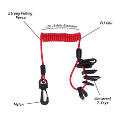 Universal Boat Kill Switch Lanyard (7 Keys) - Compatible with Johnson, Evinrude, Mercury, Yamaha, Nissan, Suzuki, Honda Cordon coupe-circuit universel pour bateau (7 clés) - compatible avec beaucoup de moteurs hors-bord - bateau resistant cordon spirale flexible Baywatt