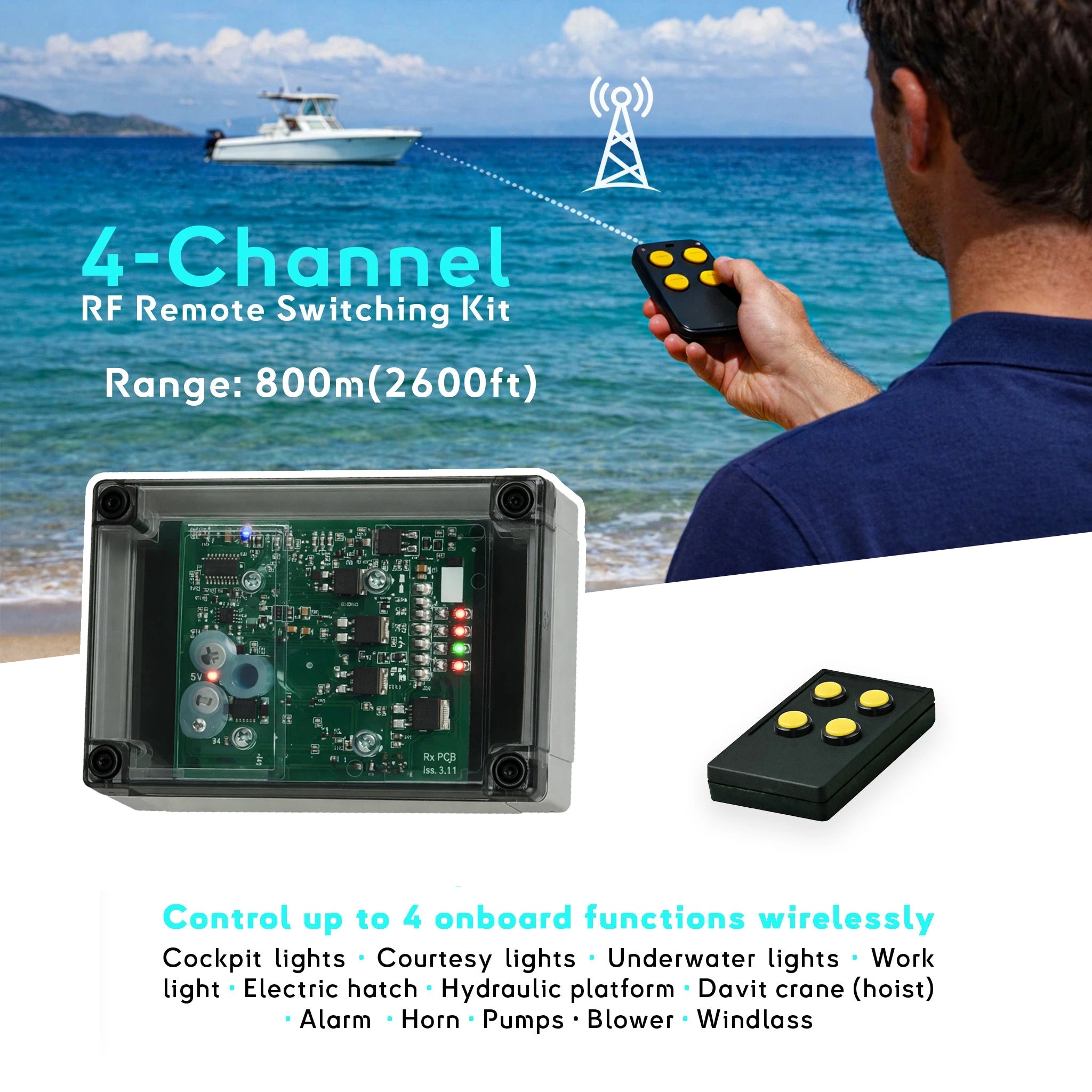 Marine 4-channel RF remote switching kit 12/24V 30A, 868MHz, long range 800m (2600ft) for boat lights, pumps, windlass