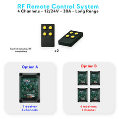 Télécommande RF marine 4 canaux avec 2 émetteurs, option A 1 récepteur 4 voies ou option B 4 récepteurs 1 voie, kit 12/24V bateau