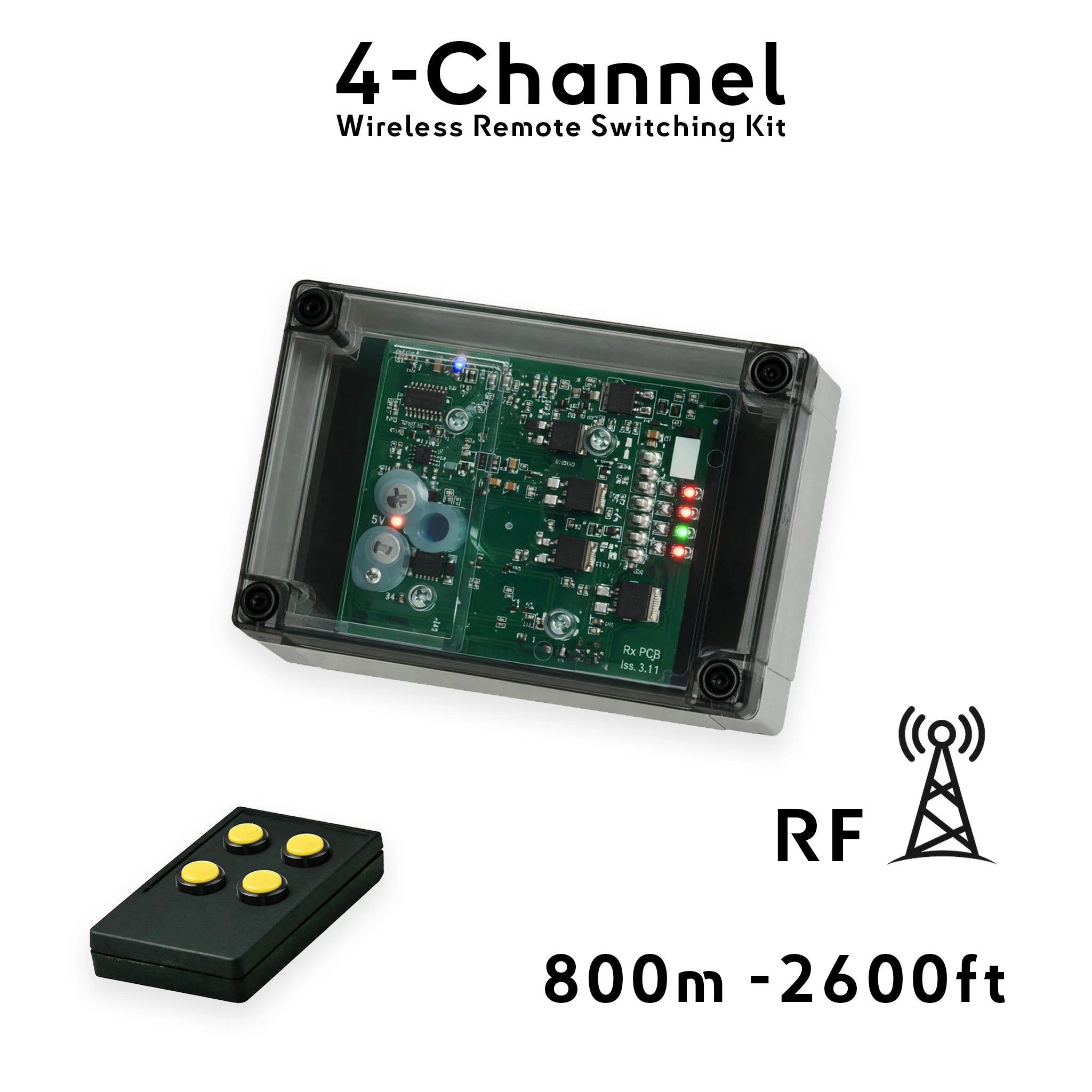 4-channel boat wireless switch kit: central receiver box + handheld remote, 12/24V DC, up to 30A per channel, long-range RF control