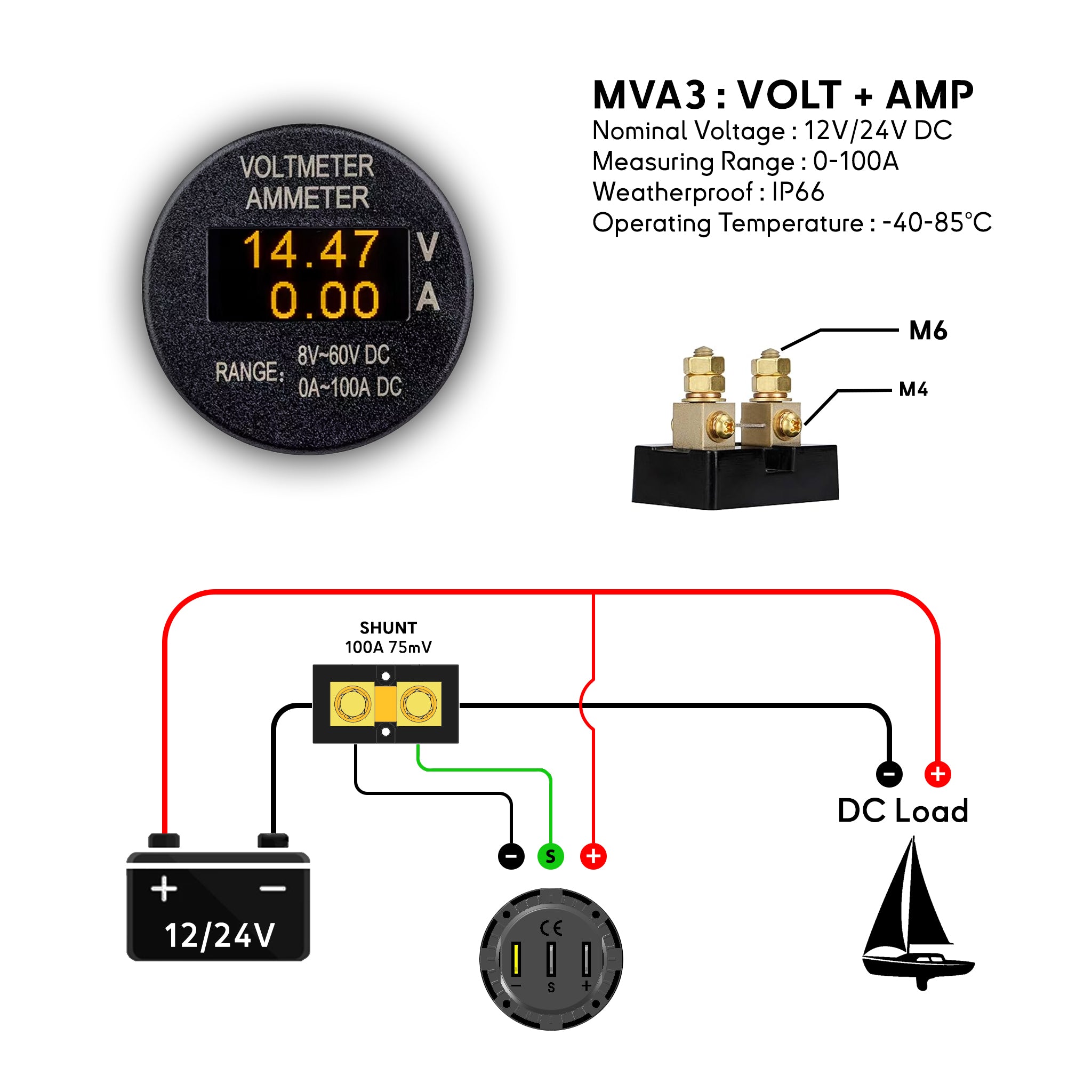 Wiring diagram for voltmeter and ammeter including a shunt | Baywatt