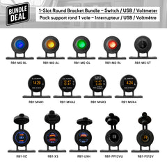 Packs 1 voie Baywatt avec support rond pour bateaux – interrupteurs LED, USB, voltmètres et prises 12V, étanches et adaptés aux installations électriques marines