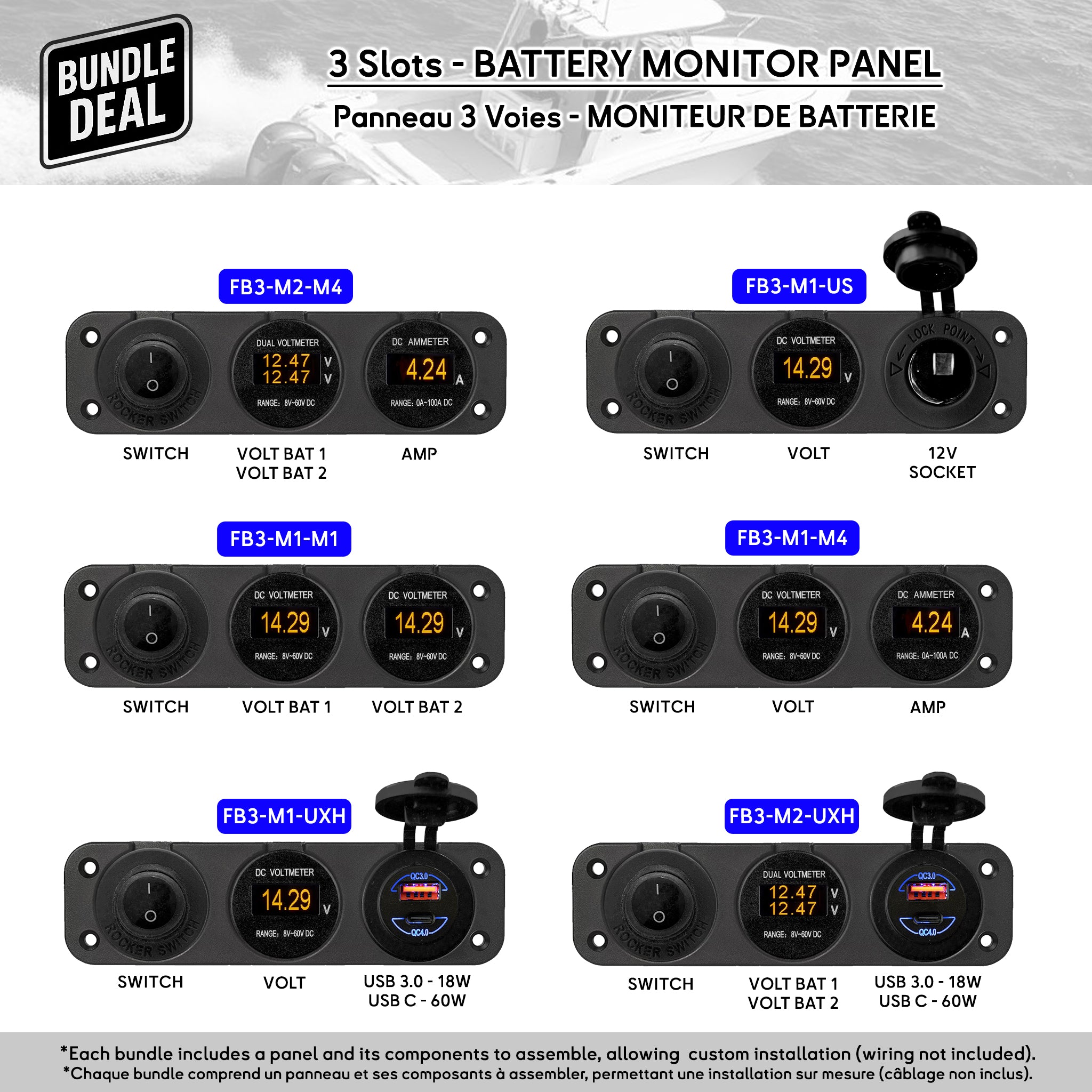 Panneau 3 voies encastré Baywatt pour bateau – Moniteur de batterie OLED marine avec voltmètre, ampèremètre et double affichage batterie, idéal pour tableau de bord et poste de barre waterproof