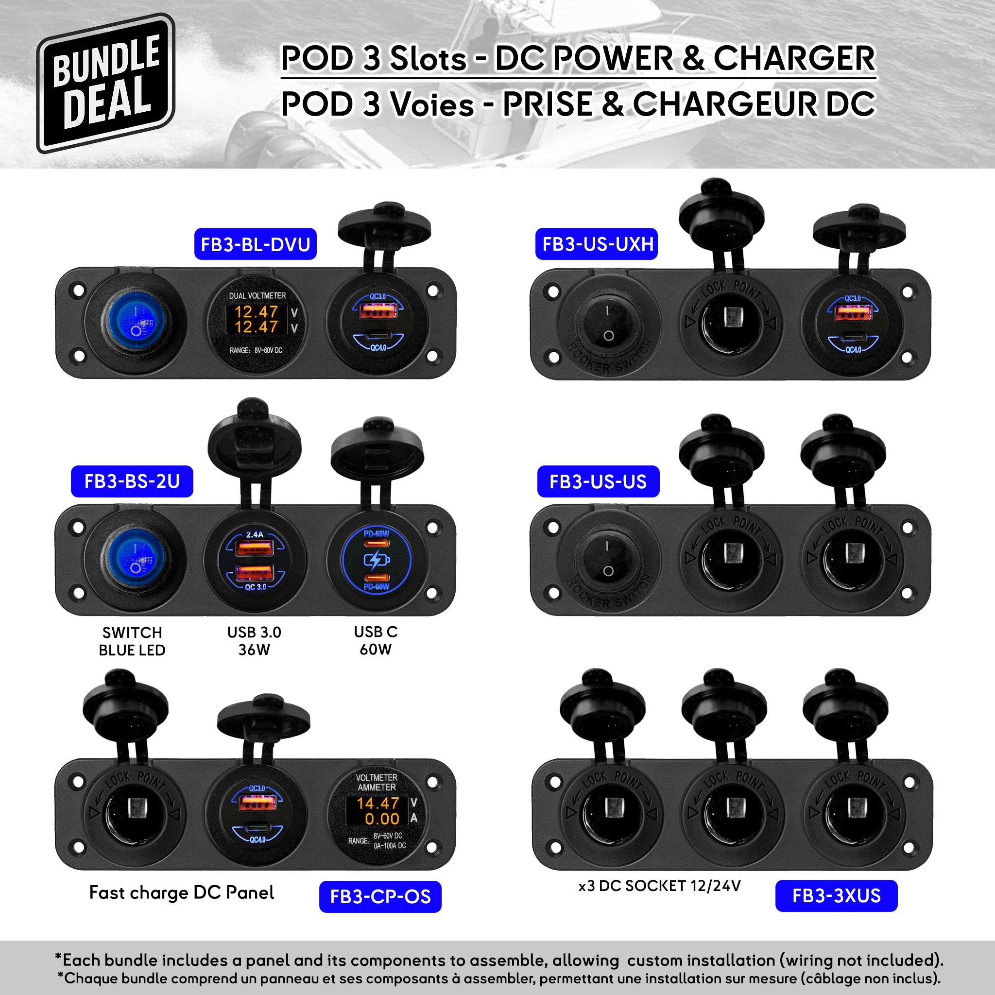 Panneau encastré 3 voies Baywatt pour bateau – Chargeurs USB-C et USB 3.0 fast charging, prises allume-cigare 12/24V waterproof avec interrupteurs LED, parfait pour tableau électrique marin