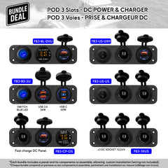 Panneau encastré 3 voies Baywatt pour bateau – Chargeurs USB-C et USB 3.0 fast charging, prises allume-cigare 12/24V waterproof avec interrupteurs LED, parfait pour tableau électrique marin