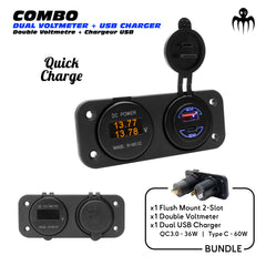 marine dual voltmeter and USB charger panel with quick charge ports for boat dashboard 12V 24V