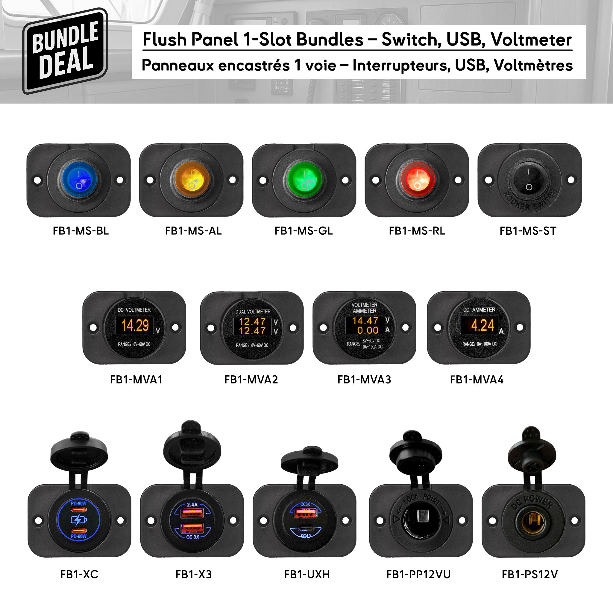 Baywatt Flush Panel 1-Slot Bundles for boats – LED switches, USB chargers, voltmeters and 12V power sockets for marine electrical installations