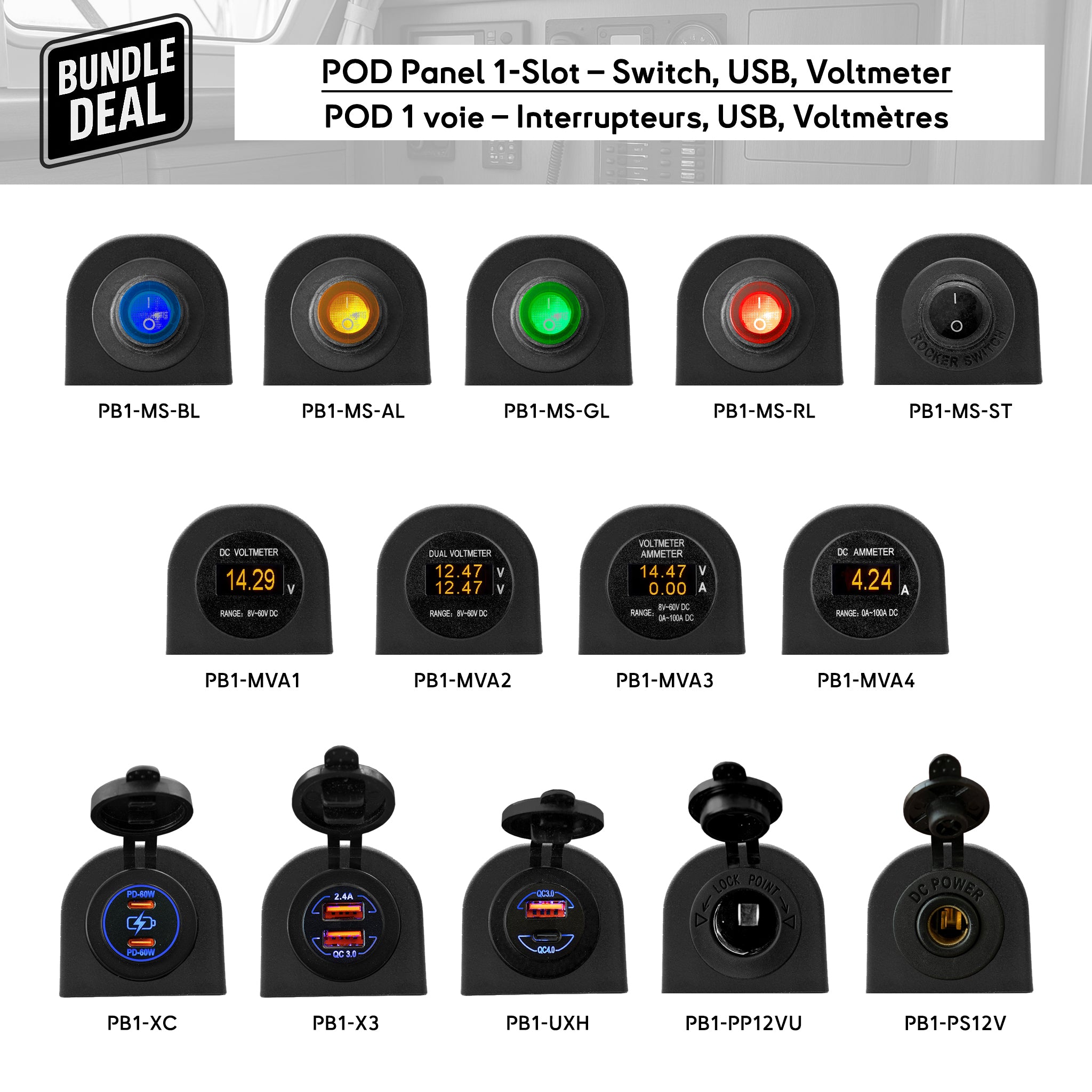 Packs Baywatt POD 1 voie pour bateaux – interrupteurs LED, chargeurs USB, voltmètres et prises 12V pour panneaux électriques marins