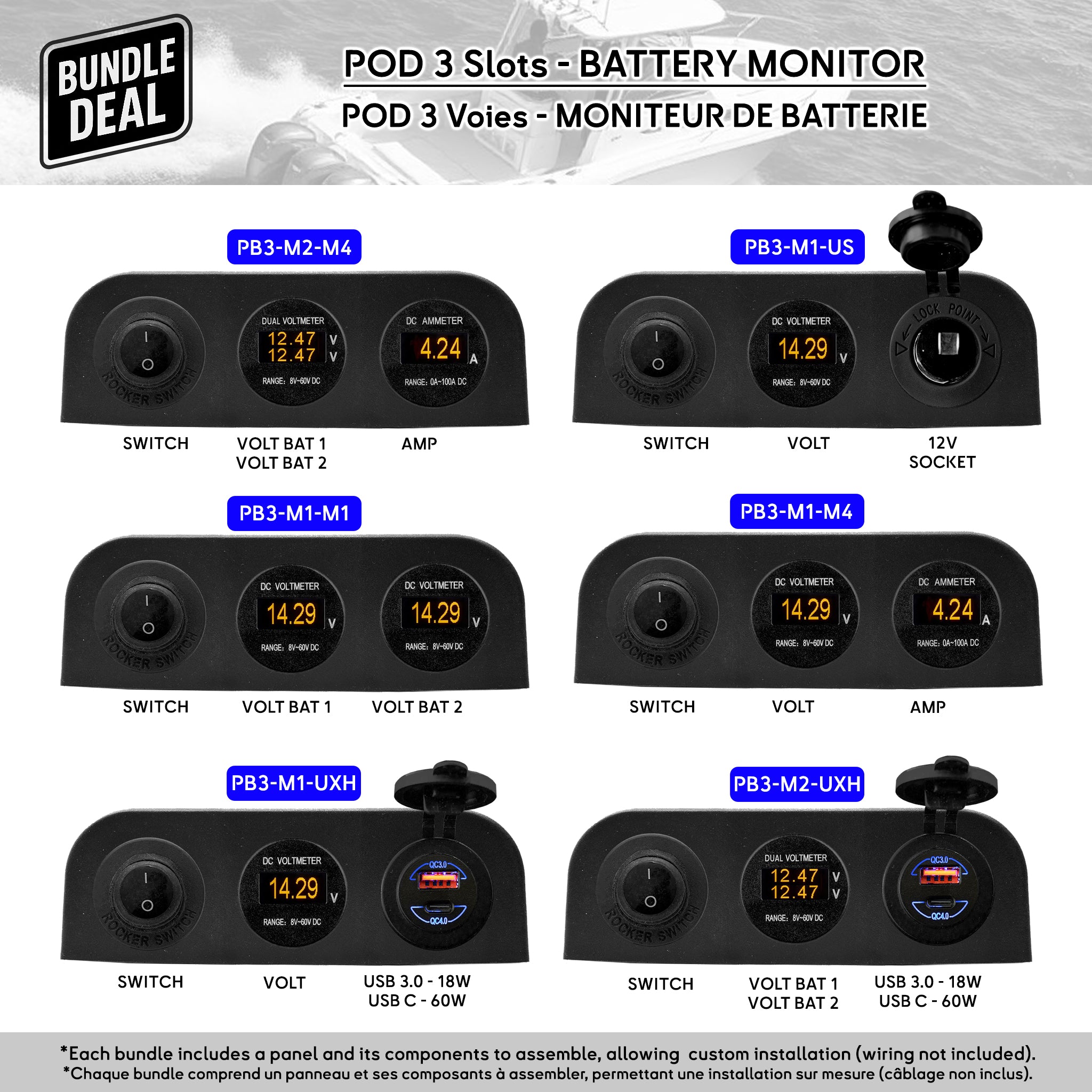 Panneau POD 3 voies Baywatt pour bateau – Moniteur de batterie OLED avec voltmètre, ampèremètre et double tension batterie 12/24V, conçu pour une installation waterproof au poste de barre