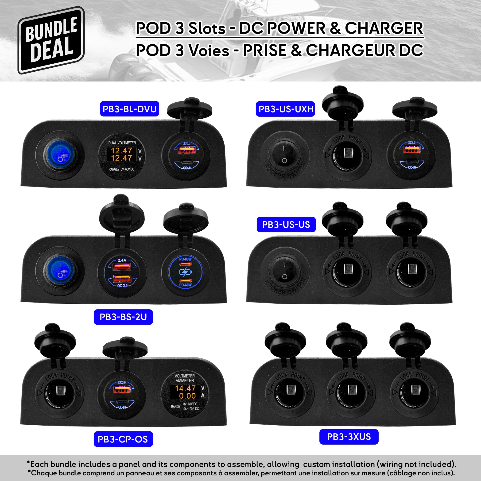 Panneau POD 3 voies Baywatt pour bateau – Chargeurs rapides USB-C et USB-A, prises allume-cigare 12/24V étanches, interrupteurs LED pour une installation robuste et waterproof au poste de barre