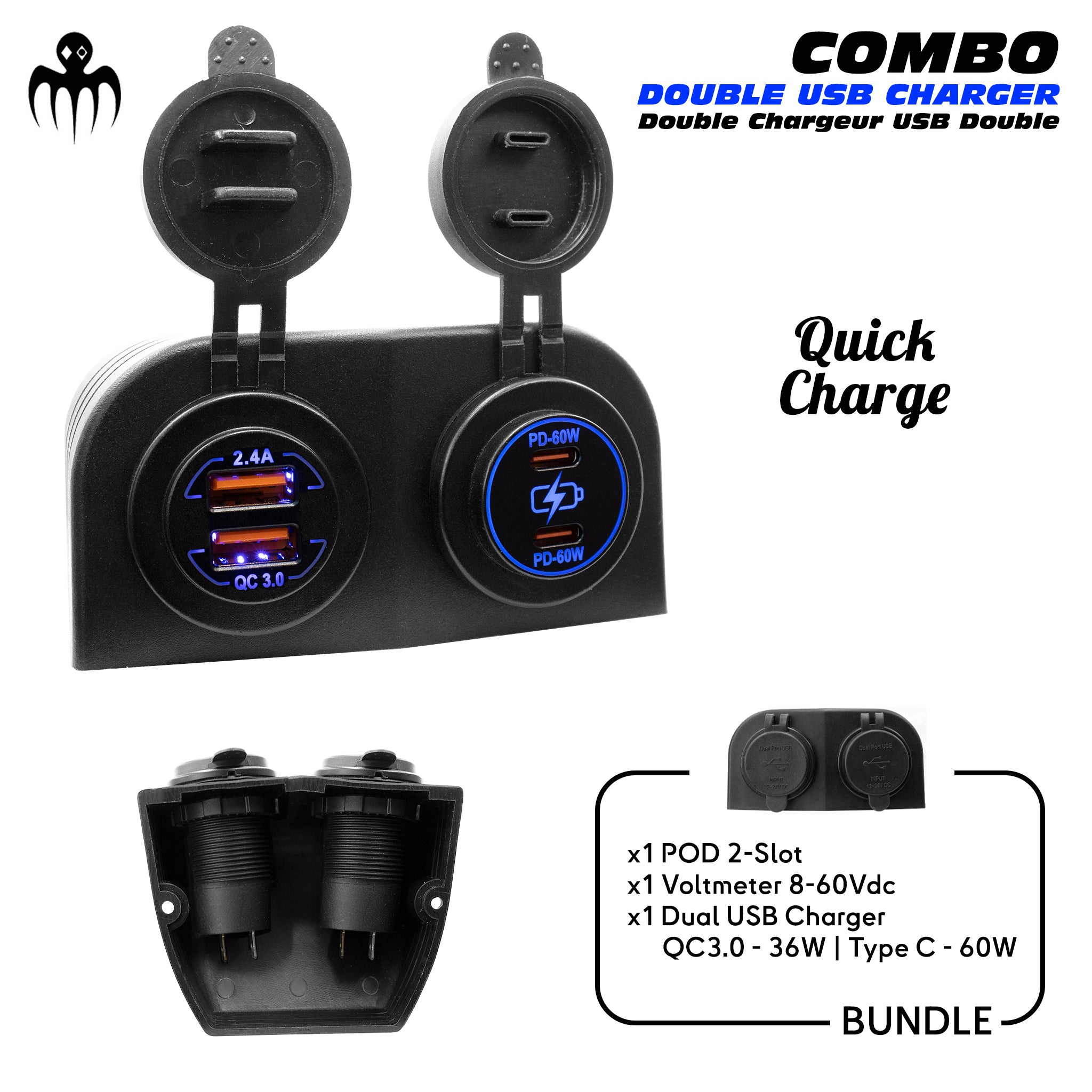 double prise marine USB avec ports QC3.0 et USB-C 60W pour recharge rapide de tablettes ou équipements électroniques à bord
