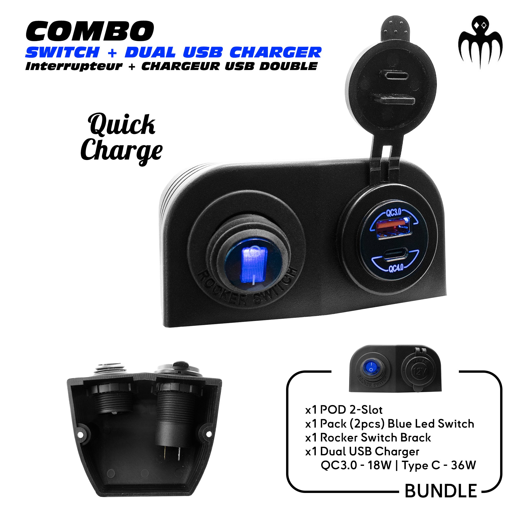 panneau marine POD avec interrupteur bleu et chargeur double USB QC3.0 + USB-C, recharge rapide pour applications embarquées 12V/24V