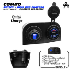 panneau marine POD avec interrupteur bleu et chargeur double USB QC3.0 + USB-C, recharge rapide pour applications embarquées 12V/24V