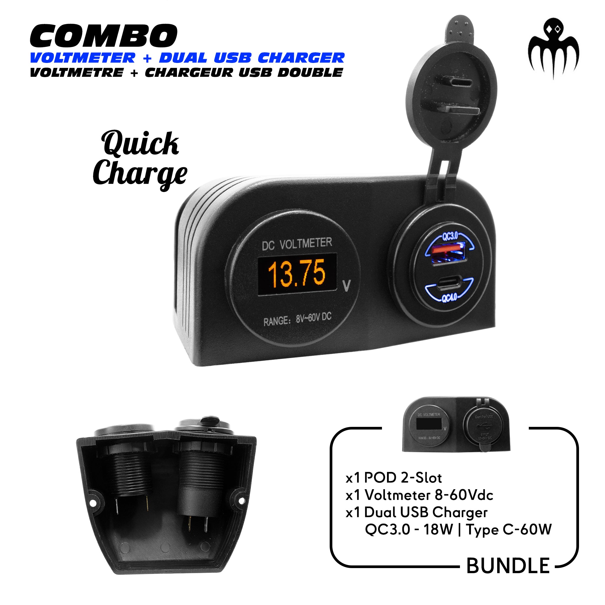 panneau POD avec voltmètre OLED 8–60V et chargeur double USB rapide QC3.0 + USB-C, pour monitoring batterie et recharge marine efficace