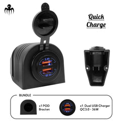 Chargeur USB bateau double USB 3.0 avec chargeur rapide 36W, montage surface avec support POD étanche pour tableau de bord marin