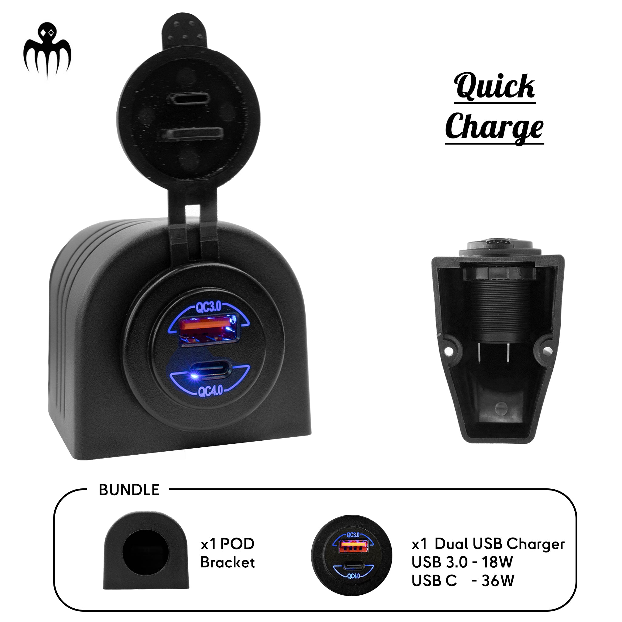 Chargeur USB double pour navigation en mer ports USB 3.0 et USB-C avec chargeur rapide 18W + 36W, montage surface avec support POD étanche