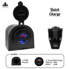 Chargeur USB double pour navigation en mer ports USB 3.0 et USB-C avec chargeur rapide 18W + 36W, montage surface avec support POD étanche