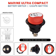 Mini coupe-batterie 100A ultra-compact pour tableau de bord avec interrupteur rotatif et bouton amovible, schema technique. Baywatt