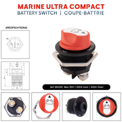 Super compact 200A marine battery switch with reinforced terminals and nickel-plated components for corrosion resistance and datasheet. Baywatt