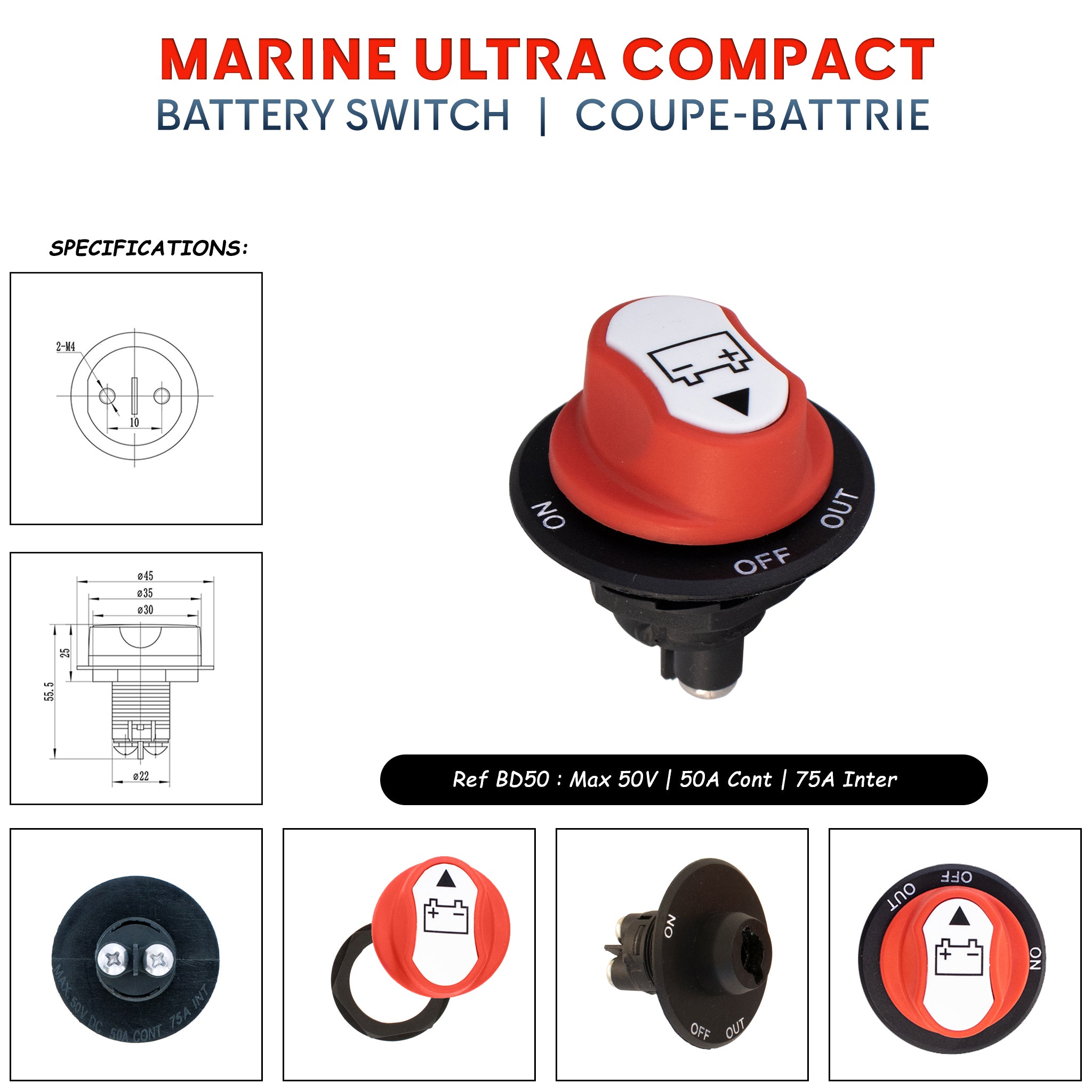 Ultra-compact rotary battery switch 50A for marine applications, featuring ON-OFF-OUT positions and removable knob with dimensions. Baywatt