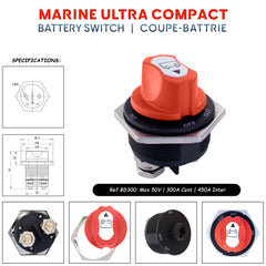 Coupe-batterie super compact 300A pour bateau, conçu pour résister aux conditions marines exigeantes avec positions ON-OFF-OUT with drawing. Baywatt