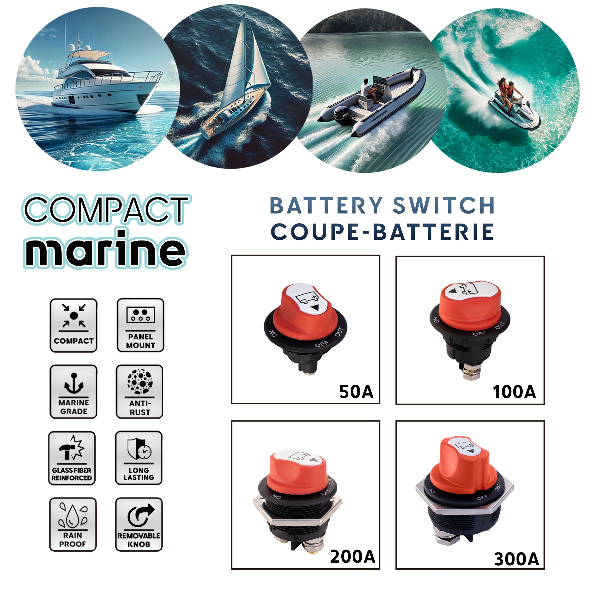 Gamme complète de coupe-batteries marins ultra-compacts (50A-300A) pour bateaux, yachts, jet-skis, et voiliers. Baywatt