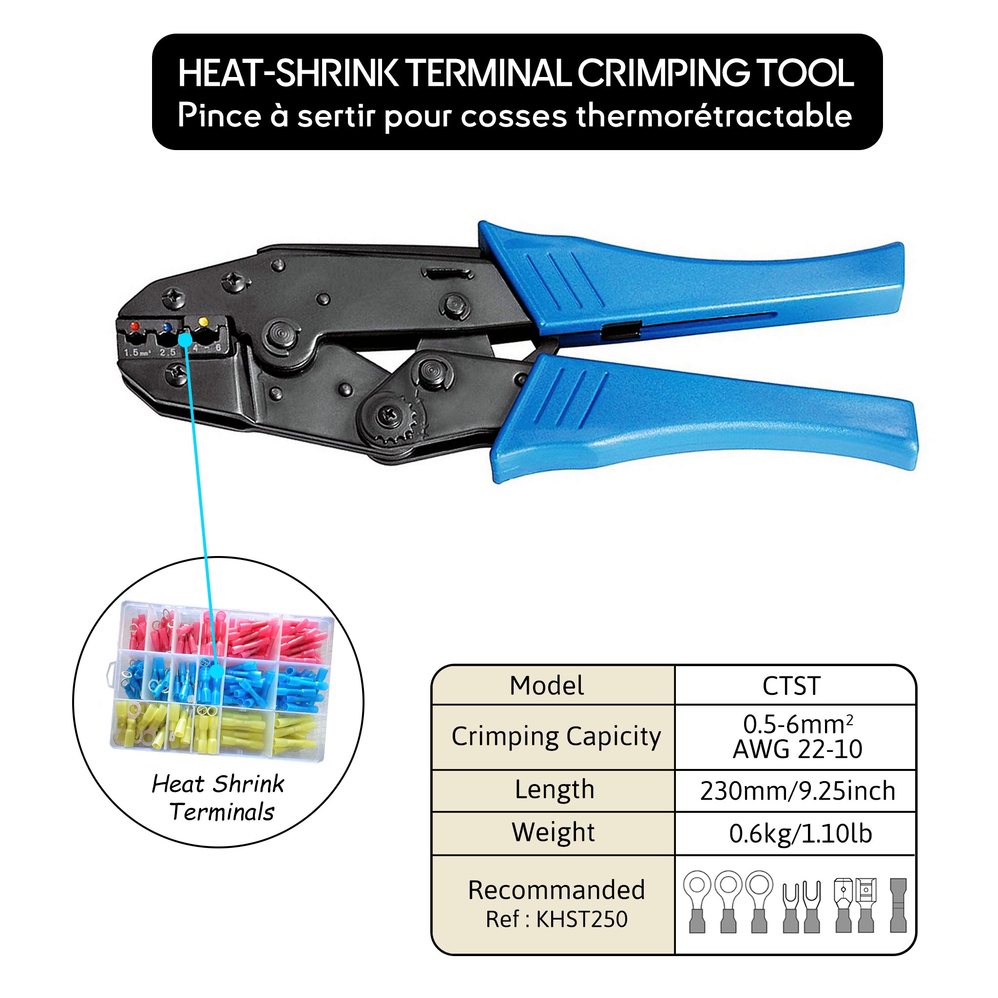 Hand crimping tool for heat shrink terminals with blue handles, designed for professional-grade precision and reliability. Ideal for securing crimps on heat shrink terminals for various electrical applications. Features color-coded sections for different wire sizes CTST Baywatt