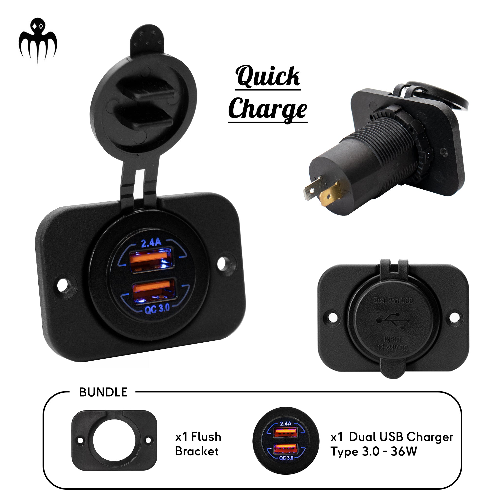 dual usb charger socket with quick charge 3.0 waterproof 12v 24v flush bracket for marine boat rib or bass boat dashboard ideal for fast charging navionics and boating app devices