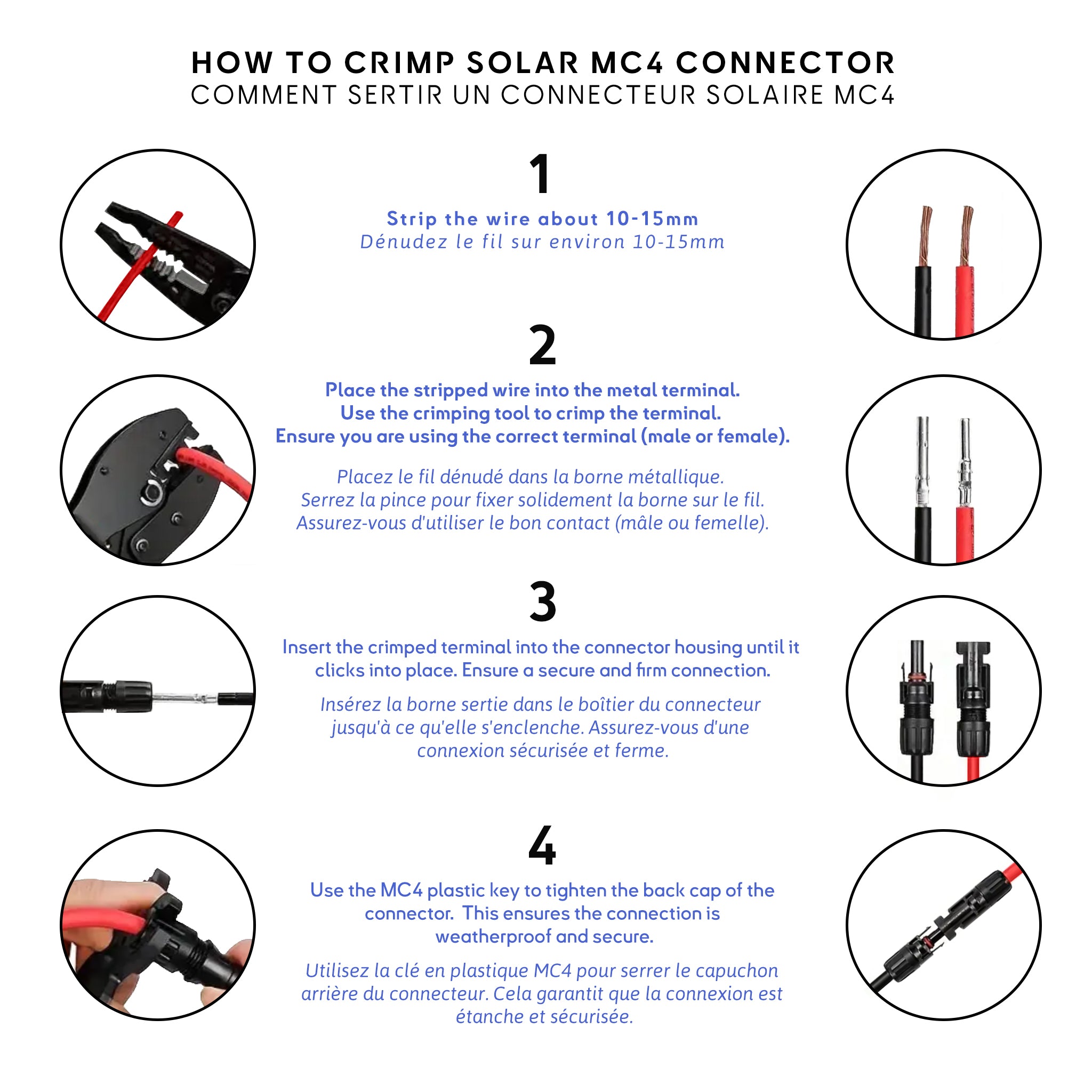 Step-by-step marine guide on how to crimp MC4 solar connectors, showing the correct process for stripping, crimping, and assembling connectors for reliable solar cable connections. Ref Tool PVCT Baywatt