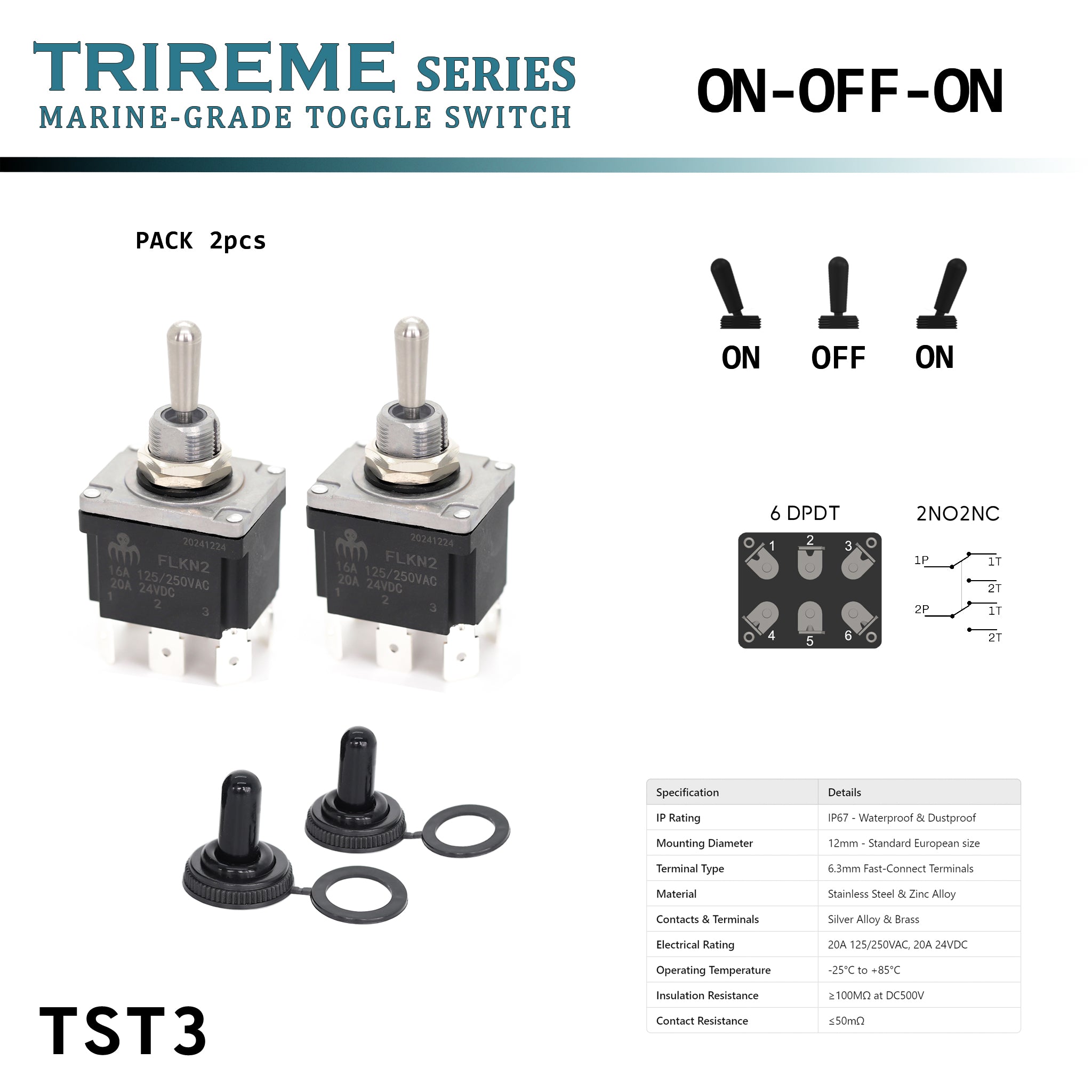 Interrupteur à bascule marin DPDT ON-OFF-ON – Étanche IP67 – Levier inox 316 – Corps robuste alliage zinc – Cosses plates 6.3mm – Contact argent – Protection nitrile – TRIREME by baywatt