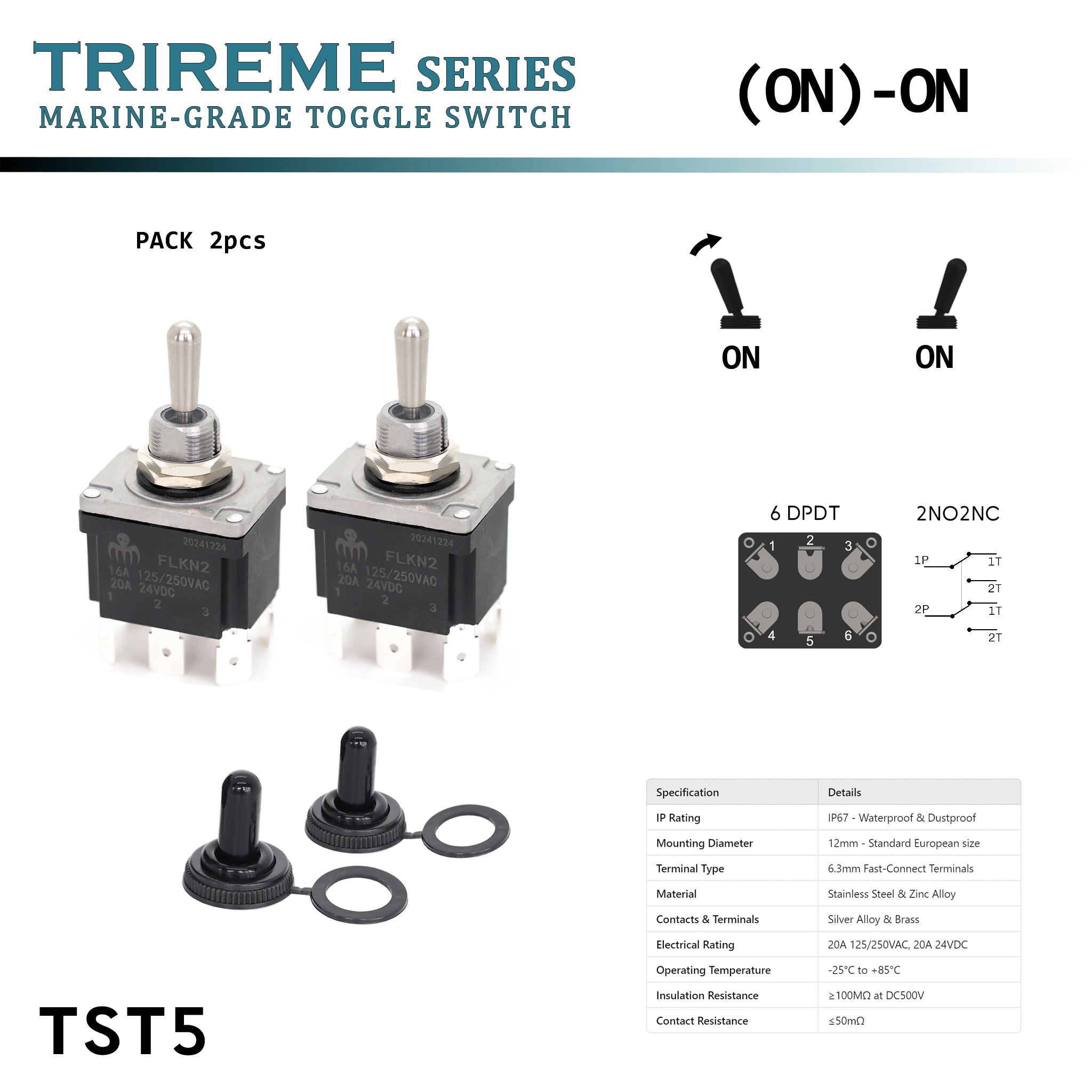 Interrupteur a tige en inox 316 DPDT (ON)-ON – Étanche IP67 – Bornes Faston 6.3mm – Contact argent – Capuchon nitrile – Quick-Flick – TRIREME - Serie Baywatt